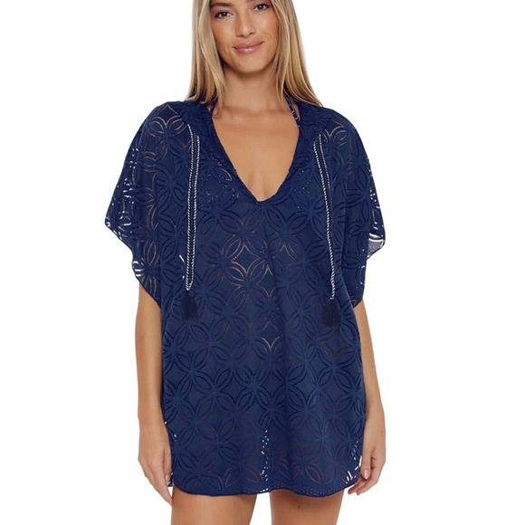 Trina Turk Cover-Up XS Blue Floral Crochet Hooded Swim Beach Resort Pool - Picture 14 of 14